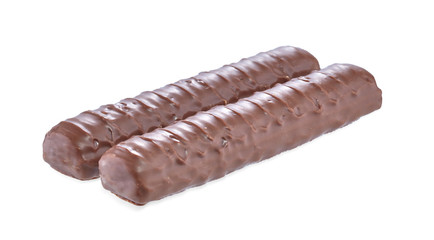 Two chocolate bars lying parallel, isolated on a white background with shadows.