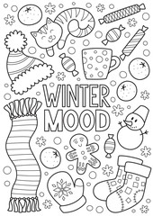 Doodle coloring book page winter mood pattern. Antistress for adult
