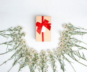 Gift box with red ribbon on center of half circle shape created from white cutter flower on white wooden background. Top view. Gift time.