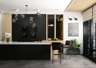 a kitchen in a modern style in dark and light colors. Interior, furniture.