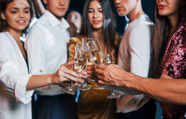 Knocking glasses. Group of cheerful friends celebrating new year indoors with drinks in hands