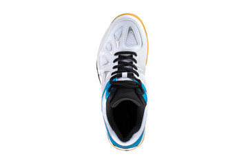 White sneaker with blue stripes on a white background top view