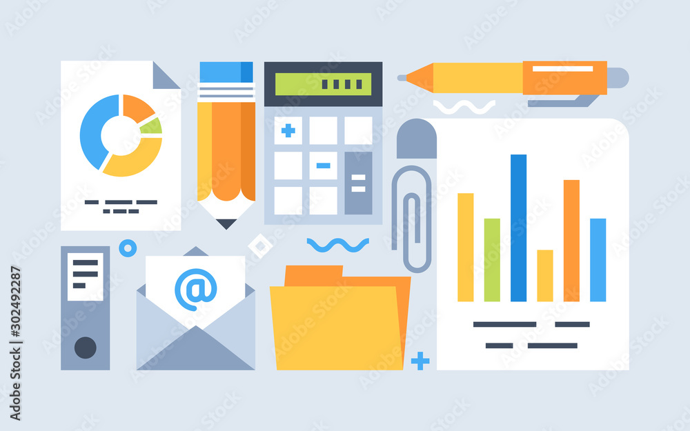 Poster accounting tools set. vector flat style. elements set for your design.