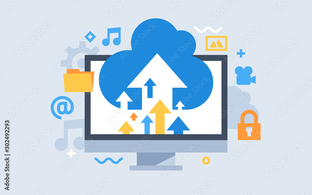 Poster cloud storage download. flat vector illustration. digital service or app with data transferring. onl