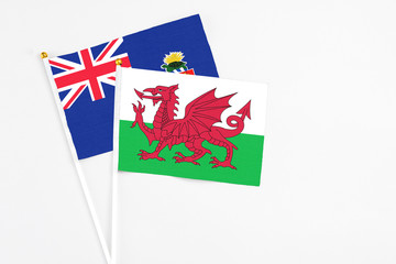 Wales and Cayman Islands stick flags on white background. High quality fabric, miniature national flag. Peaceful global concept.White floor for copy space.