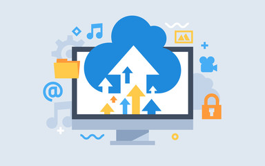 Cloud storage download. Flat vector illustration. Digital service or app with data transferring. Online computing technology.