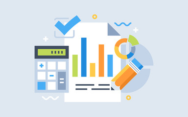 Auditing concepts. Tax process. Research, project management, planning, accounting, analysis, data. Vector illustration flat design.