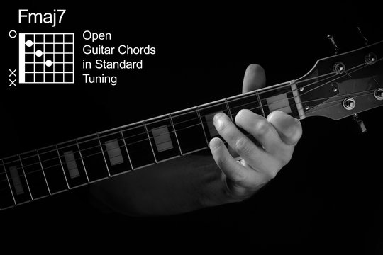 Open Guitar Chords in Standard Tuning guitar tutorial series. Closeup of hand playing Fmaj7 chord on guitar, on black background. Black and white photo.
