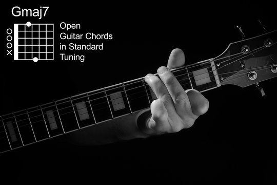 Open Guitar Chords in Standard Tuning guitar tutorial series. Closeup of hand playing Gmaj7 chord on guitar, on black background. Black and white photo.