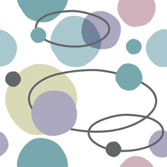 Geometrical seamless pattern with hand drawn uneven circles and elipsis like stylized planets Abstract blue, green, beige and pink pastel colors on white background. Vintage retro style. Vector eps10.