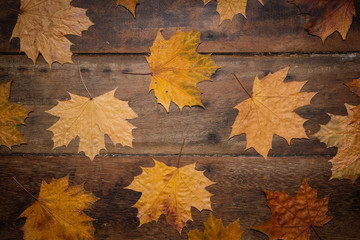 Autumn leaves on rustic wooden table. Thanksgiving background. Top view with copy space. - 302493453