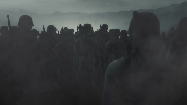 American Troops Platoon Standing Under Rain
