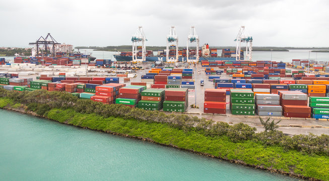 MIAMI, USA - DECEMBER 11, 2016 : The Port of Miami with containers and cranes on the background on December 11, 2016 in Miami.