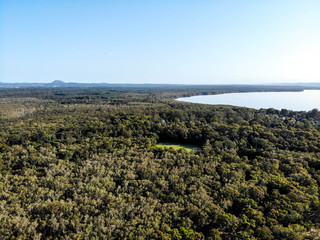 Fototapeta na wymiar Aerial view of Boreen point forest early in the morning