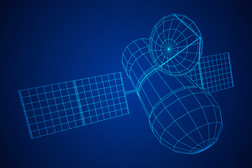 Space station communications satellite. Wireframe low poly mesh vector illustration.