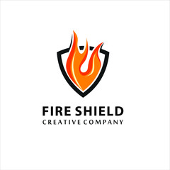 Fire shield logo design element. Fire warning sign shield. Fire flame vector illustration on white background, logo design inspiration