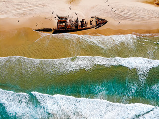 Drone shot of SS Maheno directly over the sea on Fraser Island