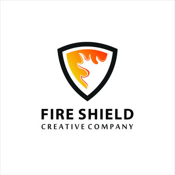Fire shield logo design element. Fire warning sign shield. Fire flame vector illustration on white background, logo design inspiration