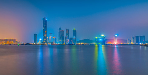 Fototapeta na wymiar Night view of the financial base and center building in Zhuhai, Guangdong Province, China