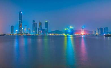 Night view of the financial base and center building in Zhuhai, Guangdong Province, China