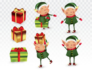 Collection of Christmas elves isolated on transparens background. Little elves. Santa's helpers. Elves with gift presents. Icon set. Beautiful illustration.