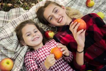 Fototapeta na wymiar two sisters in a plaid dress eat apples lie on a plaid outdoors laughing fun