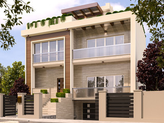 Modern Villa House with travertine blocks, wooden planks and green roof. 3D rendering.