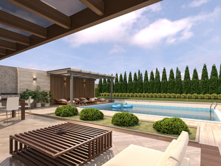 Modern garden with pool and green in front of Villa. Combination of travertin blocks and wood. 3D rendering