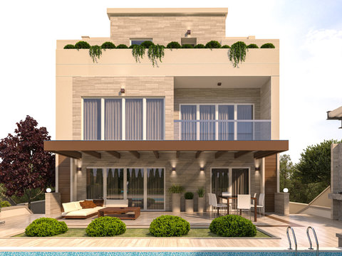 Modern Villa House and pool with travertine blocks, wooden planks and green roof. 3D rendering.