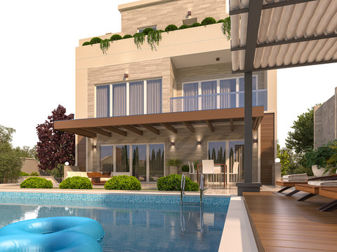 Modern Villa House and pool with travertine blocks, wooden planks and green roof. 3D rendering.