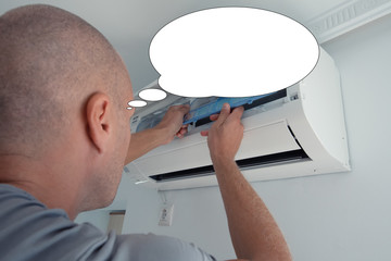 Obraz premium Funny picture with bubble idea man air conditioning repairs.