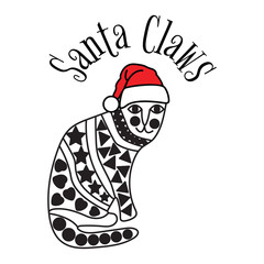 Vector Funny Christmas Santa Cat Illustration for Cards, Labels, Posters.