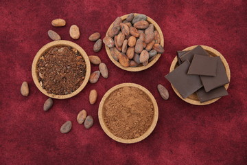 organic cacao beans, cocoa powder, ground and chocolate on a red background. Ingredient. Vegan food. Flat lay. Top view. Background, pattern, card, menu
