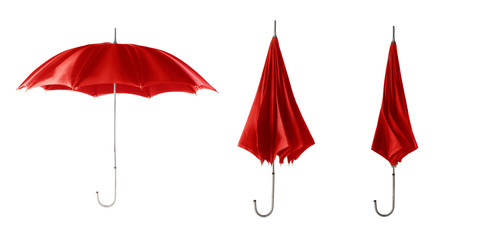 Three red retro umbrellas. Open umbrella step.
