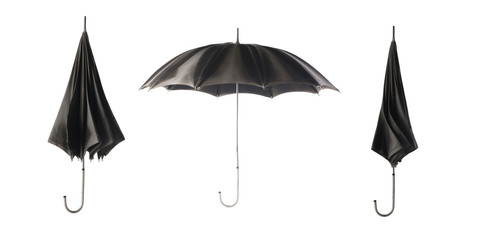 Three black umbrellas on a white background. Umbrella opening step.