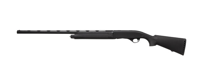 Modern black shotgun isolate on white background. Black semi-automatic shotgun on a light...
