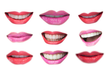 Set of mouths and healthy white teeth with beautiful makeup isolated on white background.