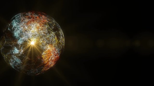 Plexus of abstract gold lines with moving triangles and dots. Sunrise skyline. Rotating animation. Clip contains space, planet, galaxy, stars, cosmos, sunset, polygon. Seamless loop animations. 4K