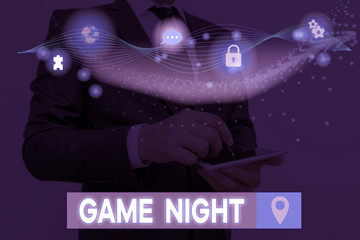 Text sign showing Game Night. Business photo text event in which folks get together for the purpose of getting laid