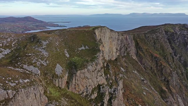 Aerial of Slieve League Cliffs are among the highest sea cliffs in Europe rising 1972 feet or 601 meters above the Atlantic Ocean - County Donegal, Ireland
