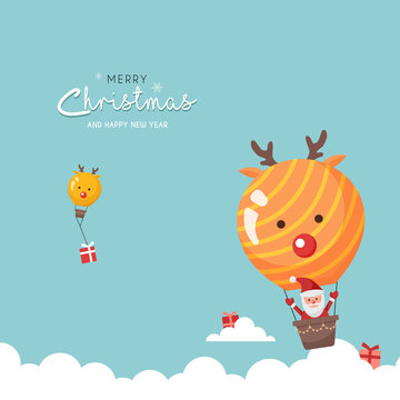 Christmas cute greeting card with santa and reindeer air balloon
