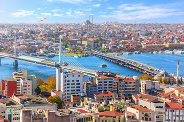 View on the Halic metro Bridge, the Ataturk Bridge and the Sultanahmet district of Istanbul