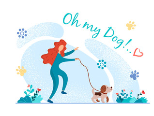 Cheerful girl walking her dog. Puppy on a walk. Joking caption Oh my dog!..