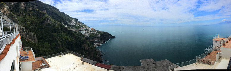 background panoramic view of the sea and mountains and modern architecture on the Amalfi coast, Italy, Europe