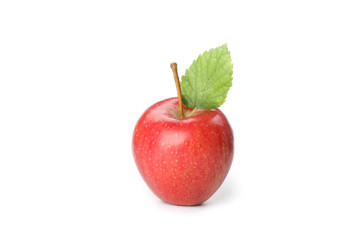 Red apple with leaf isolated on white background