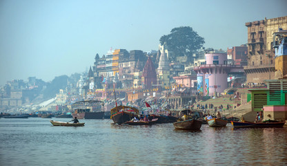 Varanasi, Banaras, Uttar Pradesh, India - February 03, 2011: Ghats (Banks) on the Ganges River in...