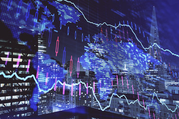 Financial graph on night city scape with tall buildings background multi exposure. Analysis concept.