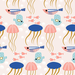 Blue and pink pattern design with jellyfish and colorful fishes