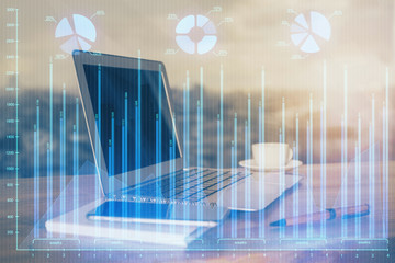 Double exposure of forex graph and work space with computer. Concept of international online trading.