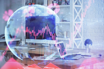 Multi exposure of business theme icons and table with computer background. Concept of success.
